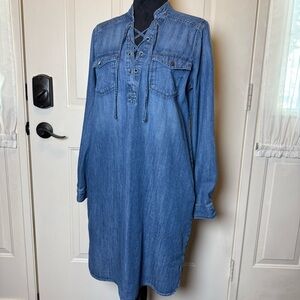 WHBM White House Black Market Denim Dress Lace-Up Top Roll Tab Sleeves Sz